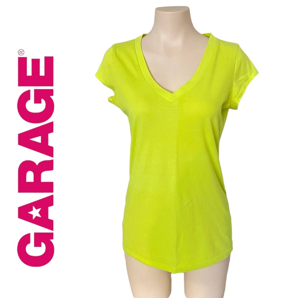🫐 3/$10 LE GARAGE Women’s V-Neck Neon Highlighter Yellow Short Sleeve Tee L